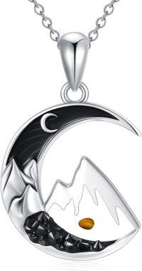 wholesale 925 Sterling Silver Crescent Moon Mountain Pendant Necklace with Black and Gold Accents-Mustard Seed