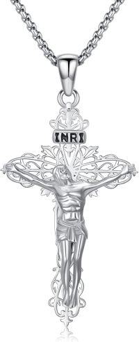 wholesale 925 Sterling Silver Crucifix Pendant Necklace for Men - INRI Design (24 Length)-Jesus Cross Necklace-1