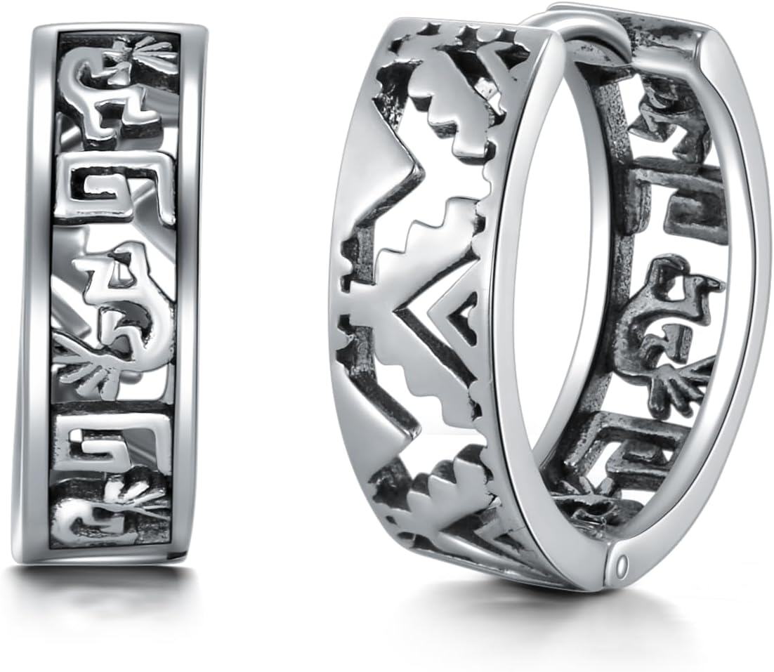 Sterling Silver Horseshoe Flower of Life Kokopelli Tree of Life Huggie Hoop Earrings-Kokopelli