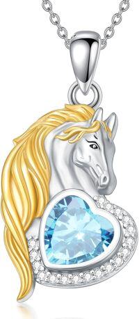 wholesale 925 Sterling Silver Synthetic Birthstone Horse Pendant Necklace Gift for Women-March - Aquamarine