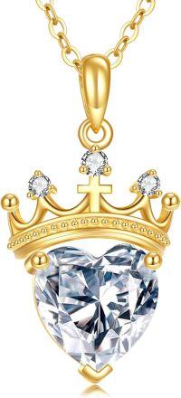 wholesale 14K Gold & Heart Zircon Queen Crown Necklace for Women, Power & Strength Symbol, 21.1mm Pendant, 16-18 Chain, Hypoallergenic, Gift for Her-crown heart