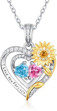 wholesale Sterling Silver 2 Birthstones Sunflower Heart Necklace for Women-03-10-Mar-Oct