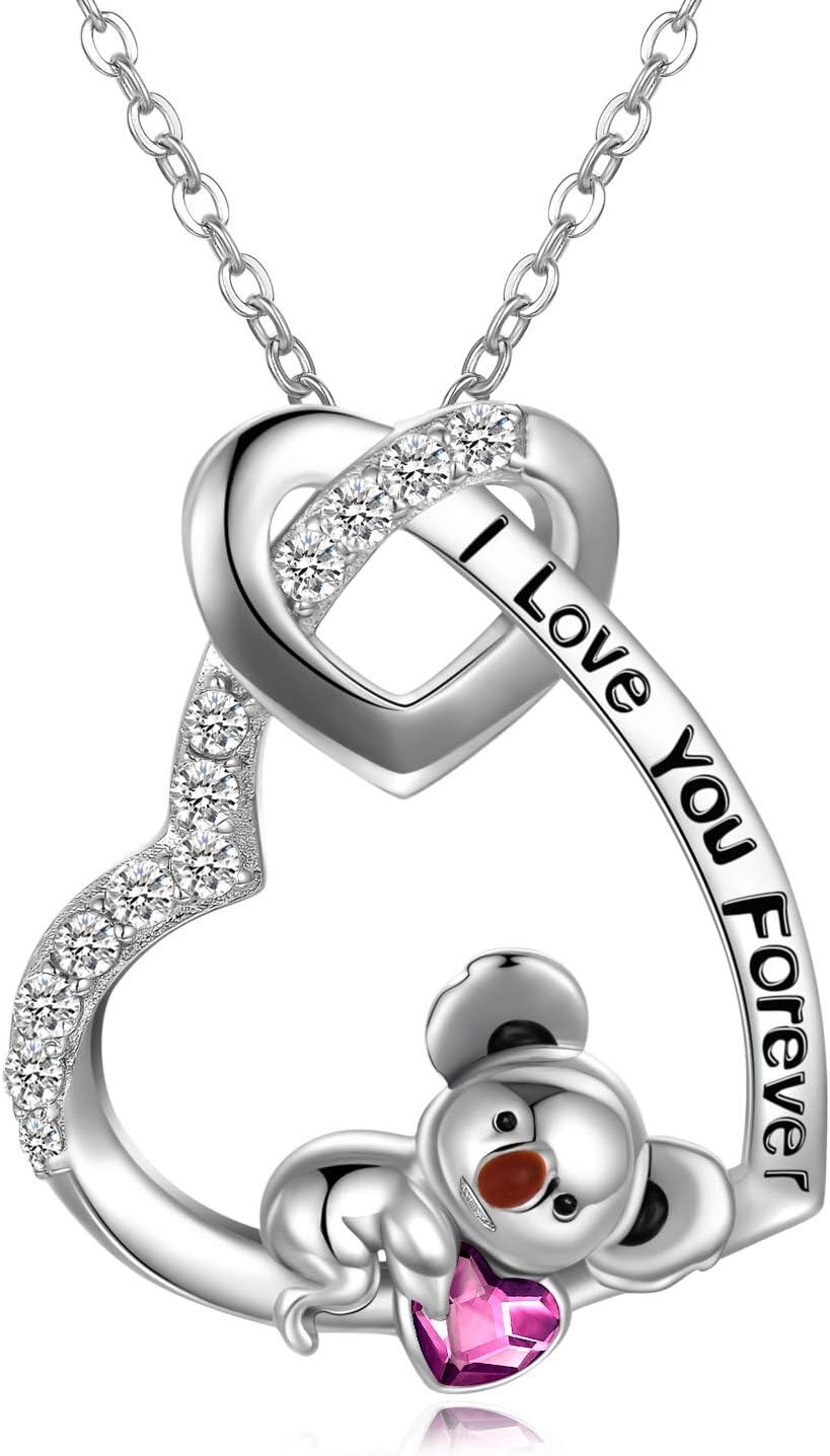  Metal Austrian Crystal Elephant Koala Sloth Heart Pendant Necklace Valentine Gift -Heart with Koala-Purple