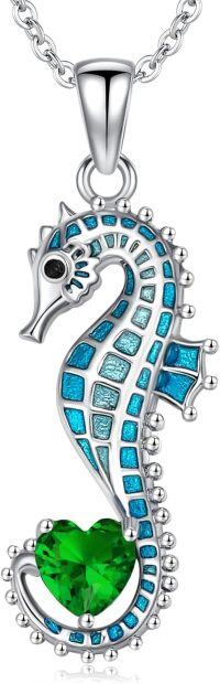 wholesale 925 Sterling Silver Birthstone Blue Seahorse Heart Pendant Necklace-May