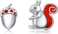 wholesale 925 Sterling Silver Acorn Squirrel Stud Earrings with Red Enamel Accents-Squirrel