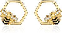 wholesale 925 Sterling Silver Hexagon Bee Stud Earrings with Cubic Zirconia Gift for Her-Bee earrings new