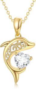 wholesale 14K Gold Dolphin Pendant Necklace with Heart-Shaped Stone - Perfect Gift for Her-0-0