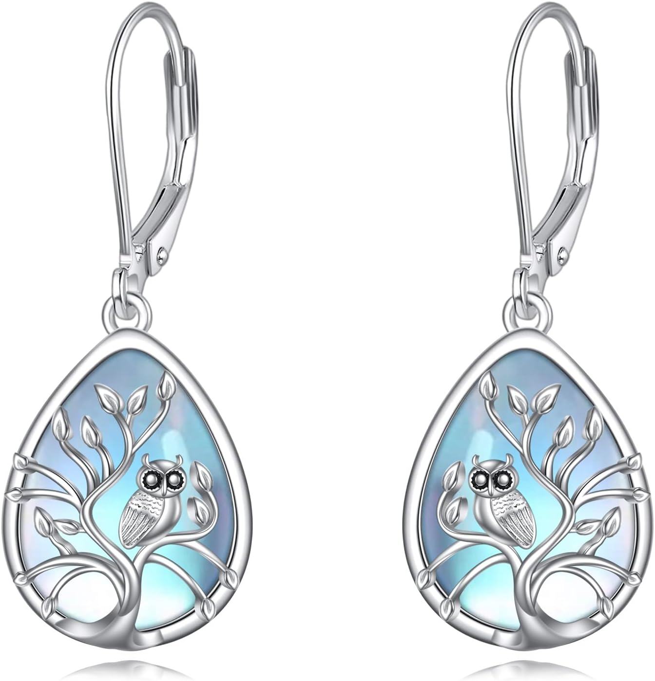 wholesale 925 Sterling Silver Teardrop Moonstone Tree of Life Owl Drop Earrings-0-0