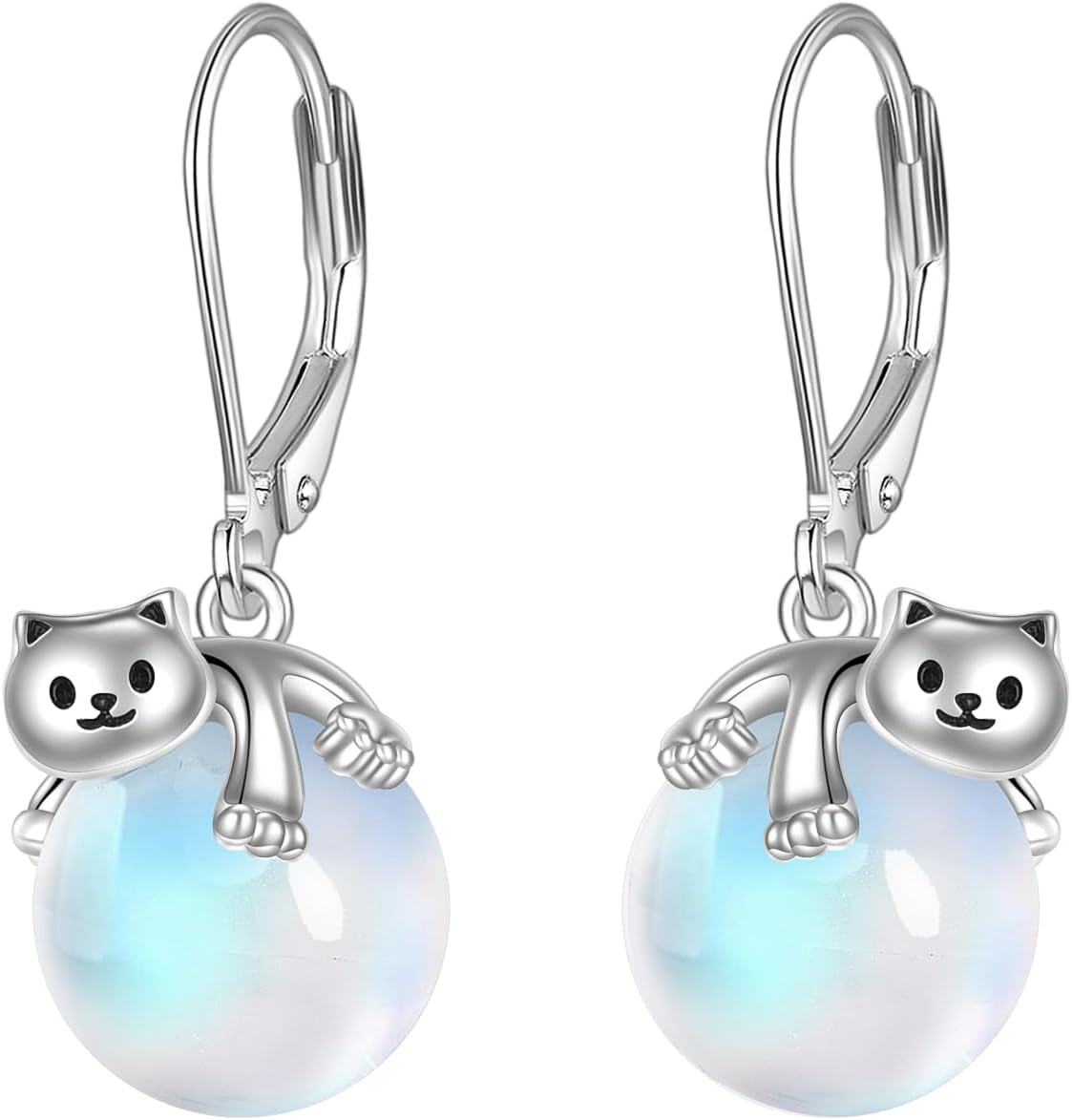 925 Sterling Silver Opalite Cat Dangle Earrings-0-0