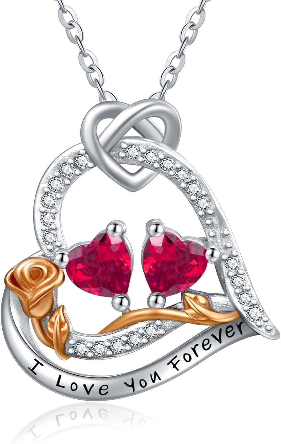  Sterling Silver 2 Birthstones Rose Heart Necklace for Women -07-07-Jul-Jul