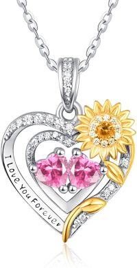 wholesale Sterling Silver 2 Birthstones Sunflower Heart Necklace for Women-10-10-Oct-Oct
