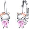 wholesale 925 Sterling Silver Cat Heart-Shaped Leverback Earrings with Pink Stones - Cute Animal  for Women-0-0