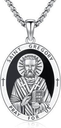 wholesale Sterling Silver Archangel Medals St Pendant Necklace for Men Women-85-St Gregory(oval obsidian-silver)