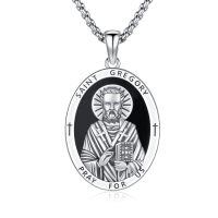 wholesale 925 Sterling Silver Archangel Medals St Pendant Necklace for Men Women-85-St Gregory(oval obsidian-silver)
