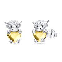 wholesale 925 Sterling Silver Birthstone Highland Cow Stud Earrings Cute Animal Jewelry Gift for Women Girls-Silver-11-Nov