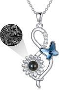 wholesale 925 Sterling Silver Blue Crystal Sunflower & Butterfly Charm Pendant Necklace for Women Gifts-0-0