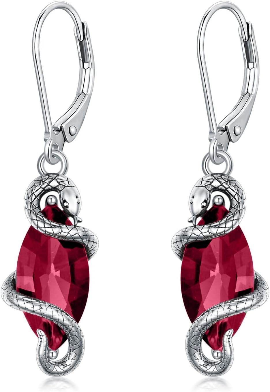Sterling Silver Crystal Vintage Snake Dangle Drop Leverback Earrings for Women-July Red