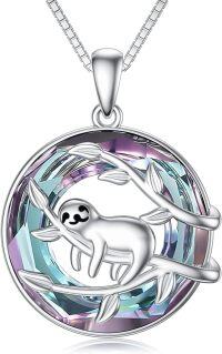 wholesale 925 Sterling Silver Rainbow Crystal Sloth Pendant Necklace Gift for Women-Sloths Necklace-Purple