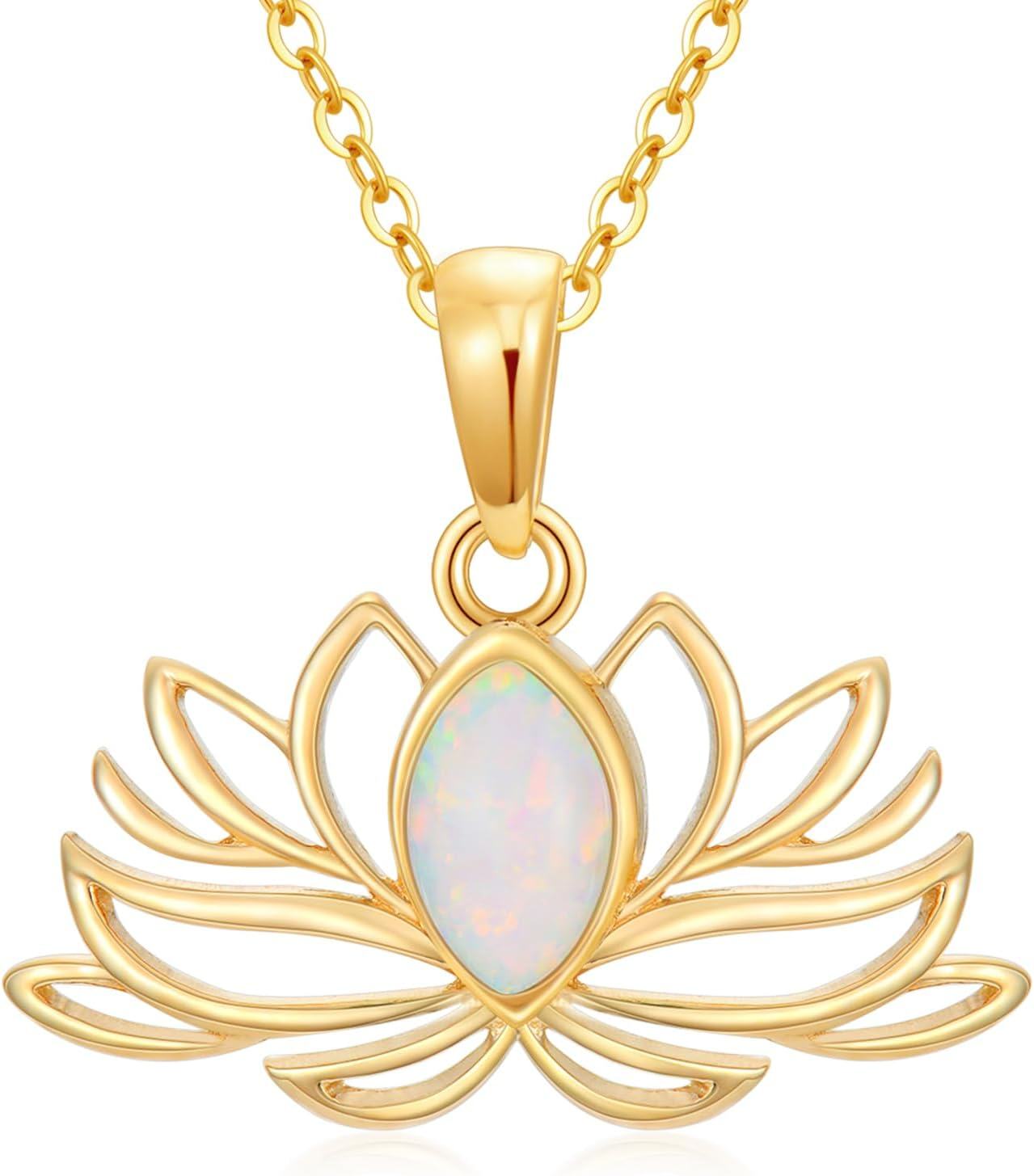 14K Gold Opal White Lotus Necklace 14K Yellow Gold Dainty Opal Lotus Pendant Bridal Jewelry-0-0