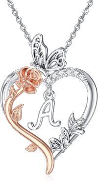 wholesale Sterling Silver Rose Heart Butterfly Initial Necklace for Women Anniversary Mother s Day Birthday Gift for Her Wife Girlfriend Mom-A Initial