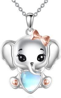 wholesale 925 Sterling Silver Heart-Shaped Elephant with Bow and Stone Pendant Necklace-E-Elephant