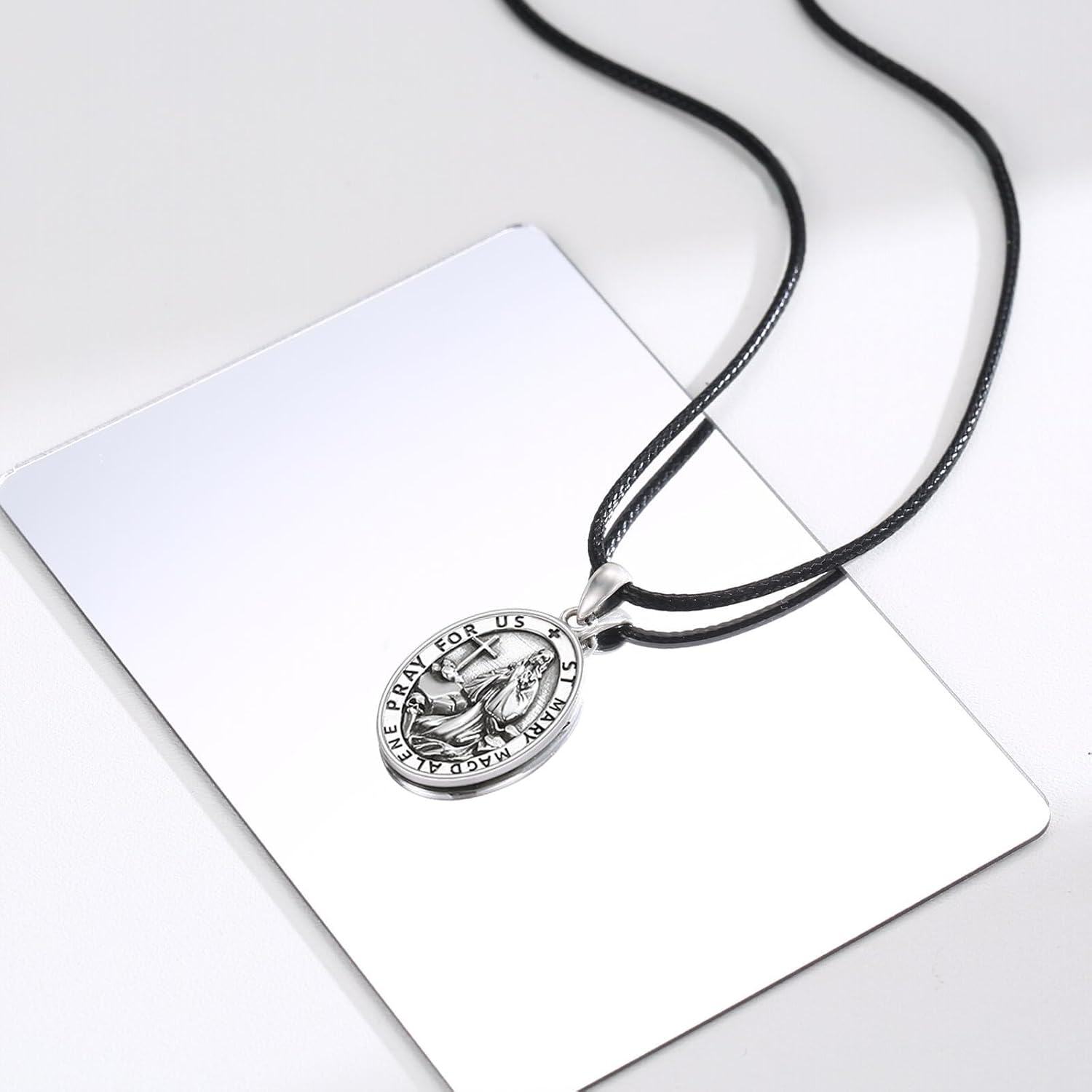 wholesale 925 Sterling Silver St Mary Magdalene Medal Necklace Pendant with Cross and Stone Charm-0-1
