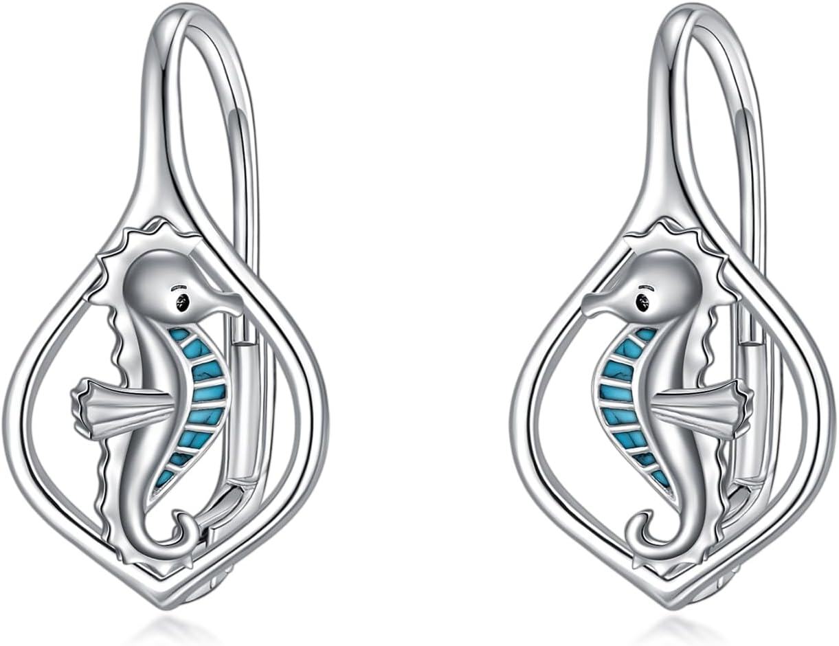 Sterling Silver Turquoise Sea Animal Dangle Earrings-05-Seahorse Turquoise