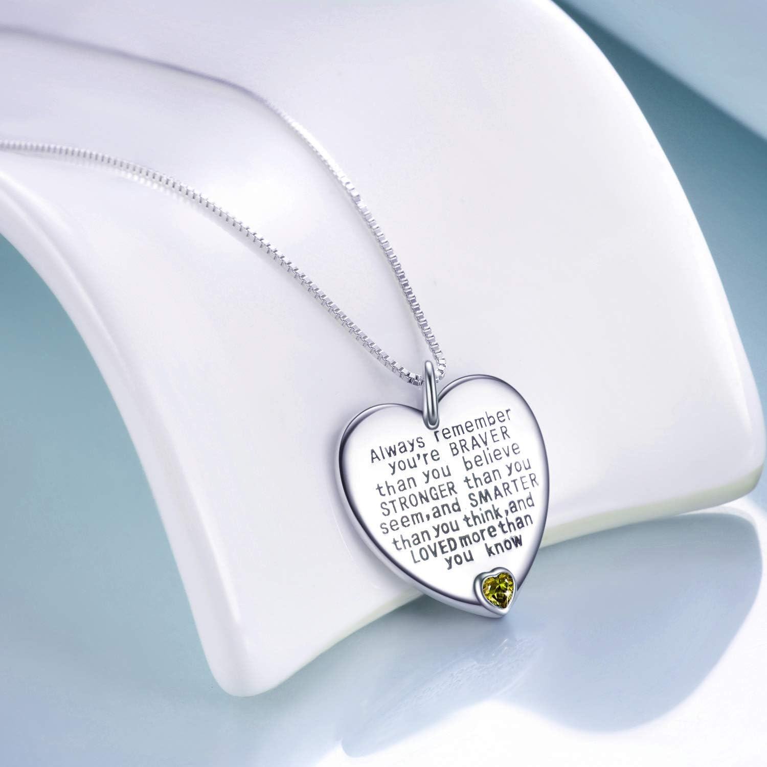 925 Sterling Silver Heart-Shaped Pendant Necklace with Peridot Gemstone - Always Remember You're Braver Than You Believe Inspirational Jewelry for Women Girls-0-2