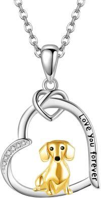 wholesale 925 Sterling Silver 925 Gold-Plated Dachshund Dog in Heart Pendant Necklace-Dachshund Necklace G