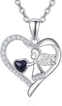wholesale 925 Sterling Silver Blue Goldstone Heart Angel Pendant Necklace for Women Girls Gifts-Black