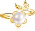 wholesale 925 Sterling Silver & Gold Plated Pearl Flower Promise Ring - Adjustable Size 7-9, Hypoallergenic, Gift Box-0-0