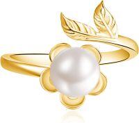 wholesale 925 Sterling Silver & Gold Plated Pearl Flower Promise Ring - Adjustable Size 7-9, Hypoallergenic, Gift Box-Gold