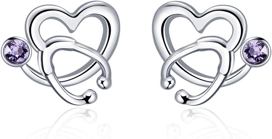 Sterling Silver Austria Crystal Nurse Earrings Stethoscope Studs Graduation Gifts for RN Doctor Medical Student-Violet Purple