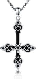wholesale 925 Sterling Silver Black Gothic Inverted Cross Pendant with Pentagram Charm Necklace for Women-0-0