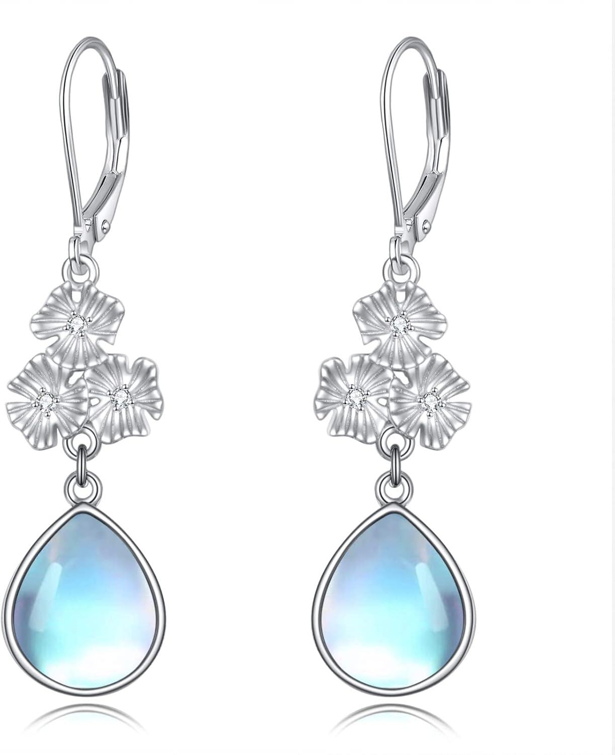 wholesale 925 Sterling Silver Blue Moonstone Drop Earring with Flower Design-0-0