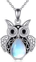 wholesale 925 Sterling Silver Teardrop Moonstone Owl Pendant Necklace with Black Onyx Eyes and Angel Wings - Mothers Day Gift for Cat Lovers & Teens-0-0