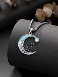 wholesale 925 Sterling Silver Cat on Turquoise Crescent Moon with Blue Stone Pendant Necklace-0-5