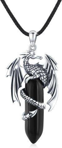 wholesale 925 Sterling Silver Dragon Pendant with Onyx Stone Necklaces for Men & Women - 3 Colors Available-Black