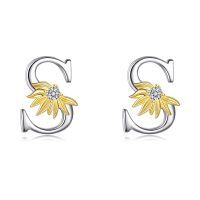 wholesale 925 Sterling Silver Sunflower Initial Alphabet Letter Script Name Stud Earrings for Women-Initial S