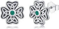 wholesale 925 Sterling Silver Celtic Knot Green CZ Studs - Irish Shamrock Earrings-E-Celtic Four Leaf Clover