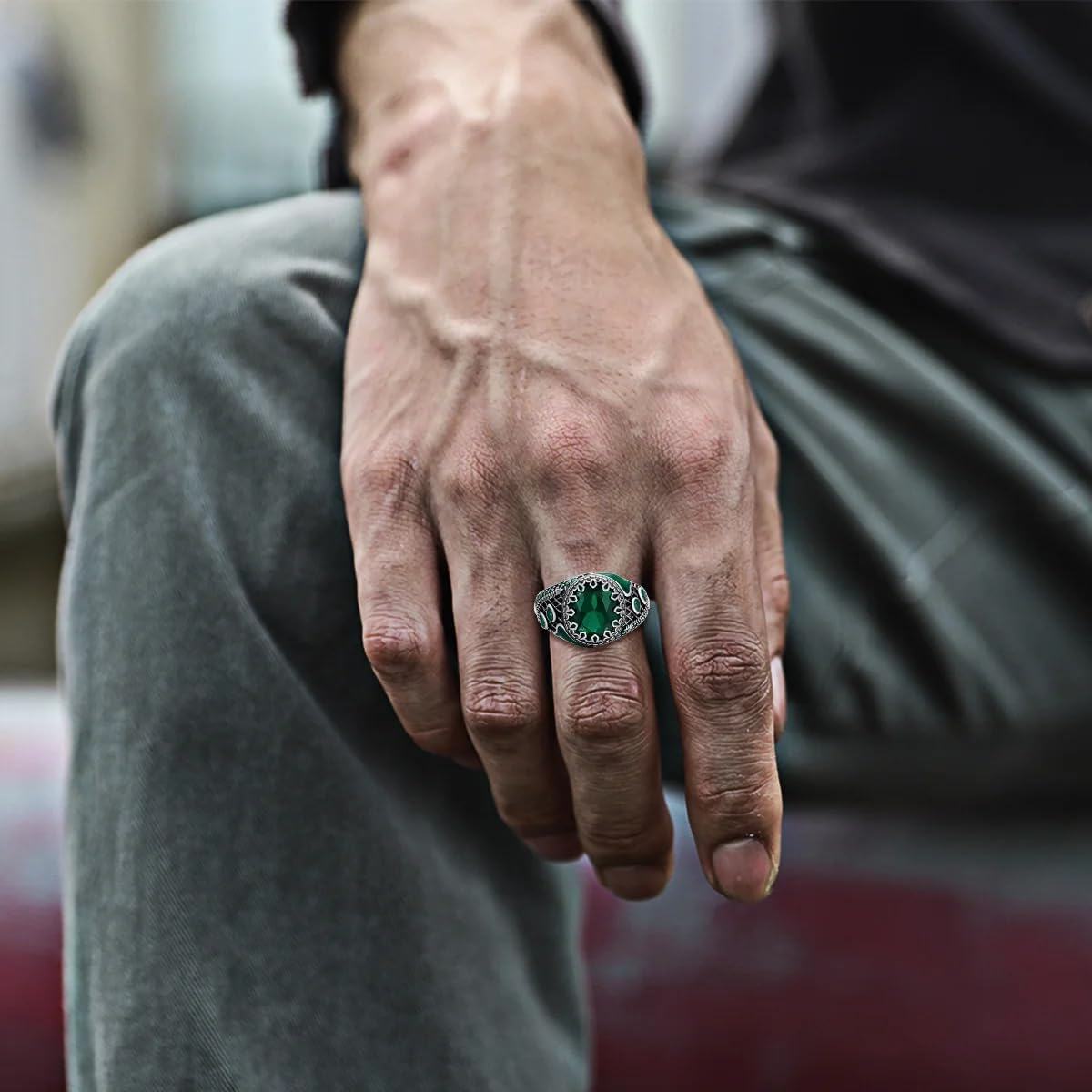 Sterling Silver Emerald Round Ring for Men Vintage Retro Jewelry Gift-0-1