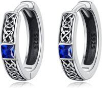 wholesale 925 Sterling Silver Blue Stone Norse Viking Celtic Knot Huggie Hoop Earrings-Blue Square Celtic