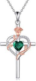 wholesale Sterling Silver Birthstones Rose Cross Heart Crucifix Pendant Necklace for Women-0-30