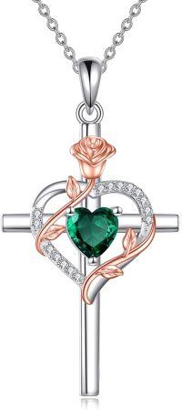 wholesale Sterling Silver Birthstones Rose Cross Heart Crucifix Pendant Necklace for Women-05-May-Emerald