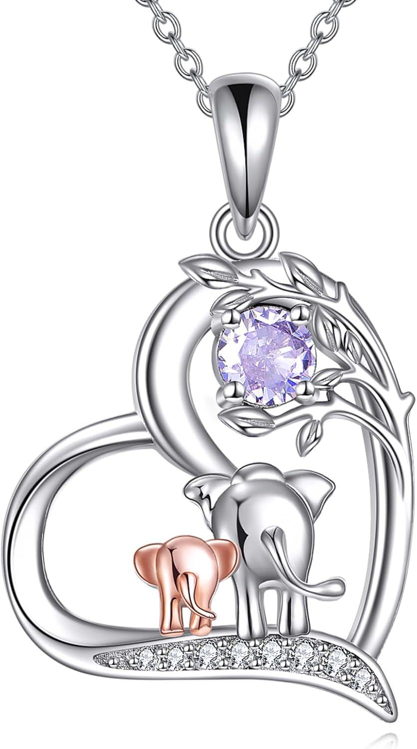  Sterling Silver Birthstone Elephant Pendant Necklace Cute Animal Jewelry Gift for Women Mom Wife -06-June Alexandrite