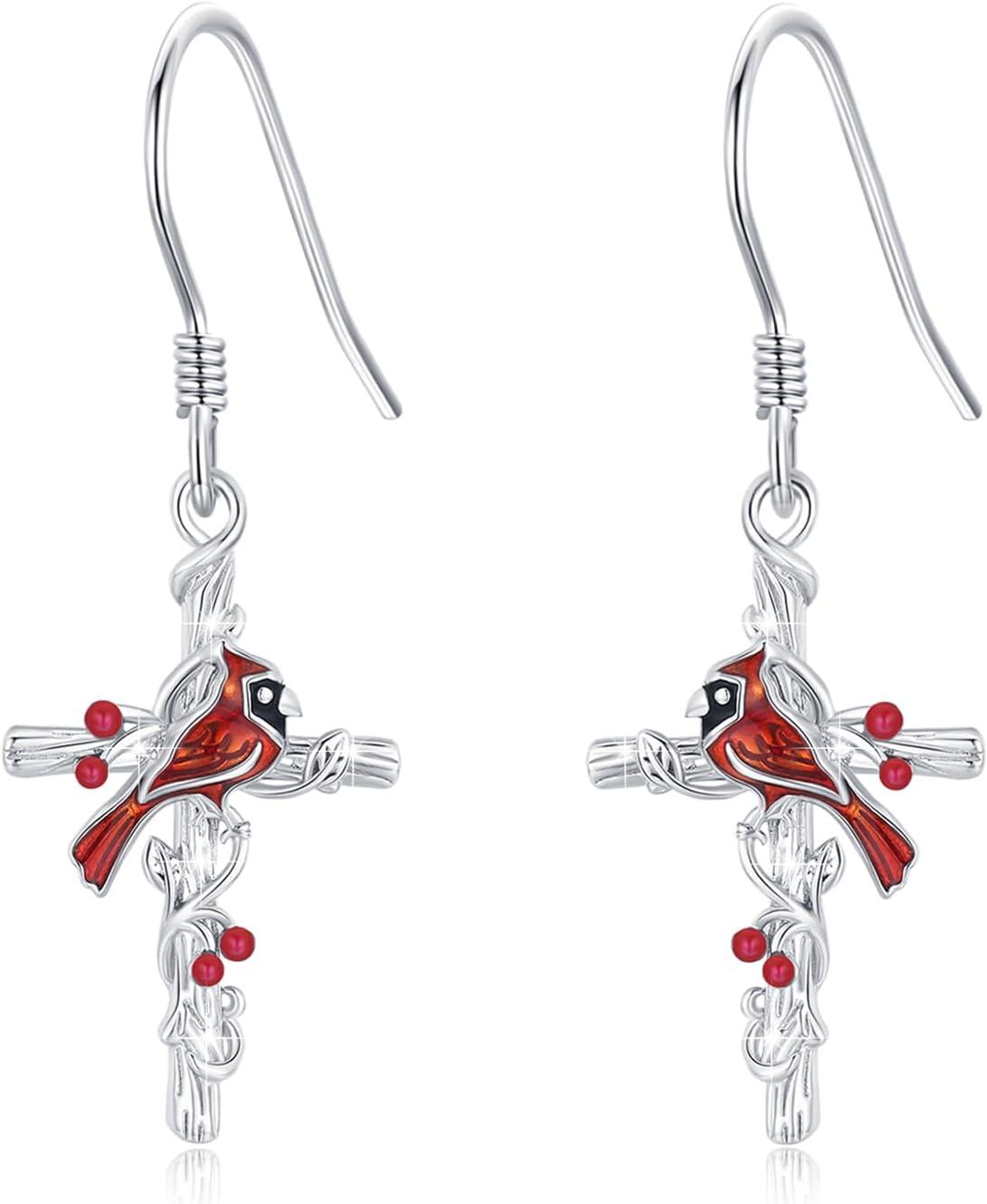 Sterling Silver Red Cardinal Cross Earrings Hypoallergenic Memorial Gift-B-Cardinal Dangle Earrings
