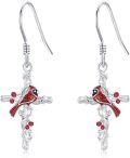wholesale 925 Sterling Silver Red Cardinal Cross Dangle Earrings - Hypoallergenic Memory Keepsake Jewelry for Women-0-0