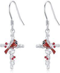wholesale 925 Sterling Silver Red Cardinal Cross Dangle Earrings - Hypoallergenic Memory Keepsake Jewelry for Women-B-Cardinal Dangle Earrings