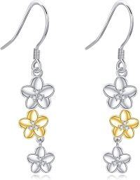 wholesale 925 Sterling Silver Frangipani Flower Drop Earrings with Gold and White Accents-Plumeria