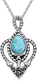wholesale Vintage 925 Sterling Silver & Natural Larimar Anchor Necklace, Blue Stone, 18 Chain-0-0